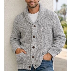 NWT Quince Cotton Rib Shaker Knit Shawl Collar Cardigan Sweater Gray Sz XL